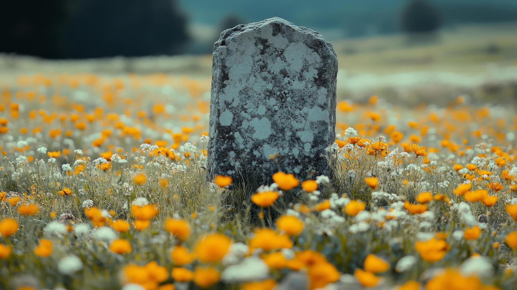 A tombstone in a field of flowers photo