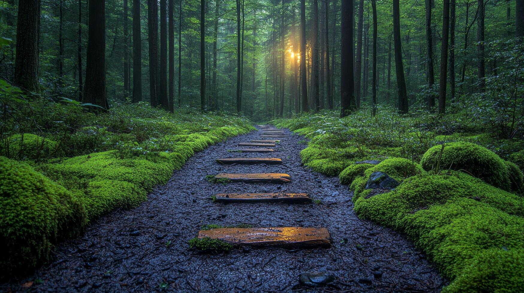 A path through a forest with steps leading to the sun photo