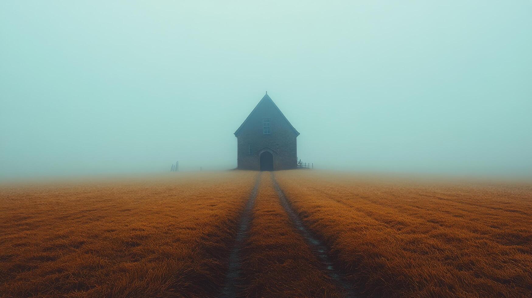 A church in the fog on a field photo