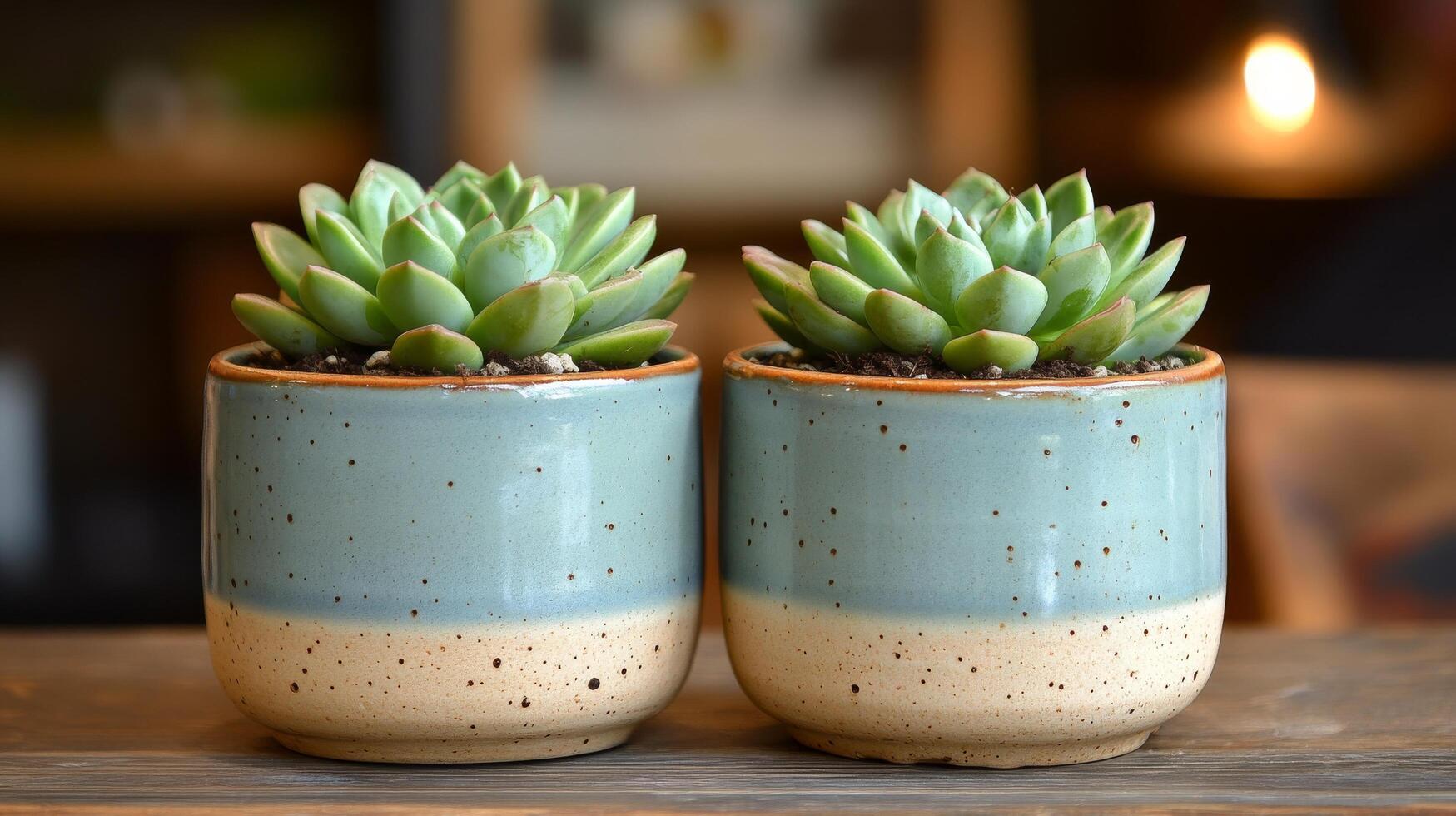 Two small blue and white ceramic pots with succulents photo