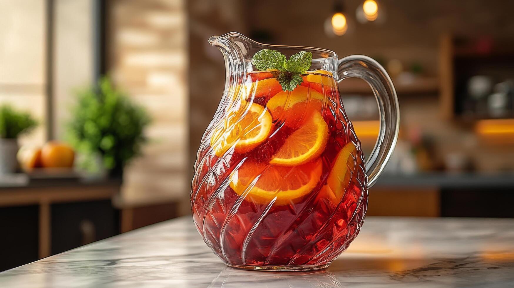 A pitcher of red and orange juice sitting on a counter photo