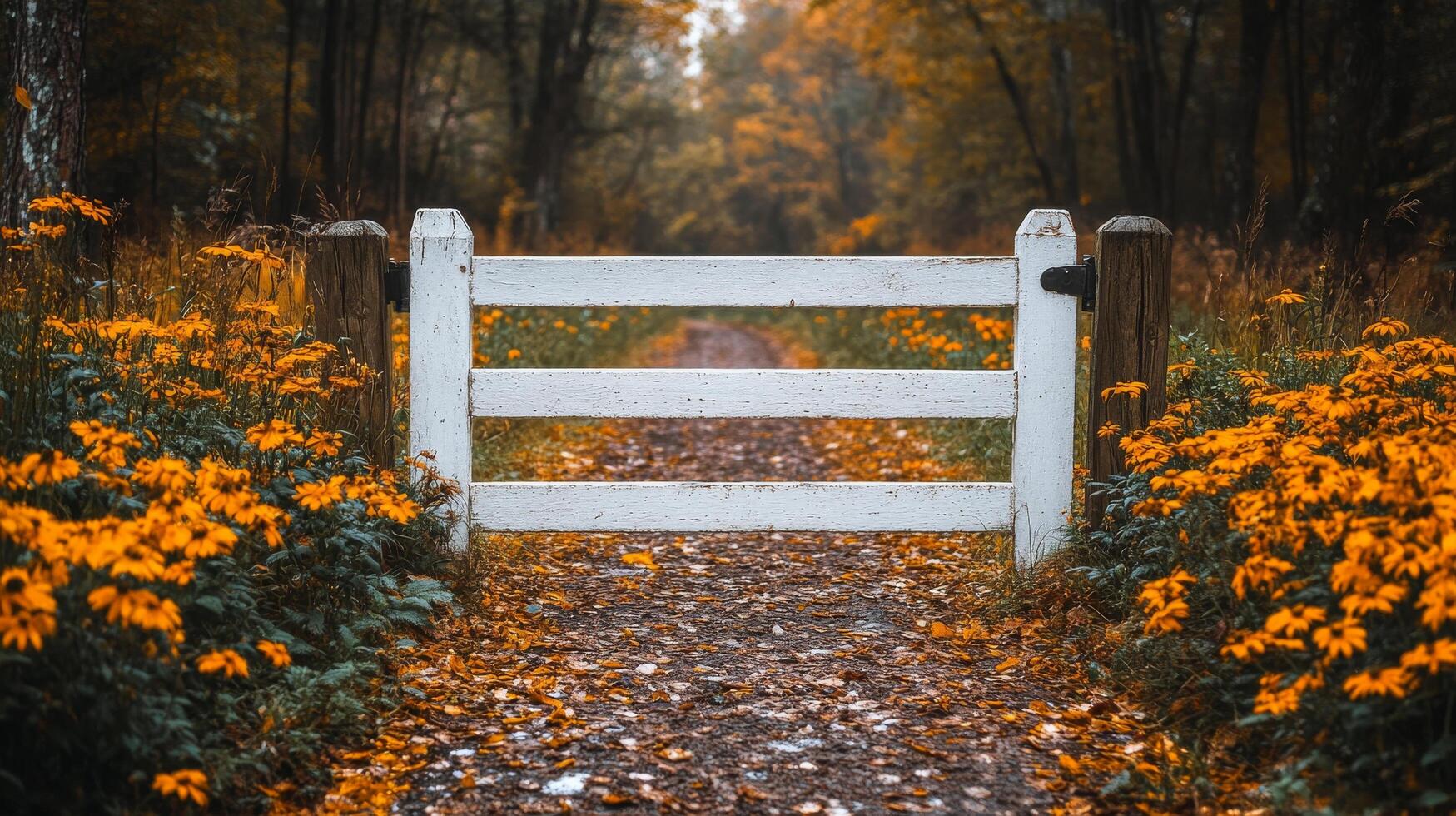 A white gate in the middle of a path surrounded by orange flowers photo