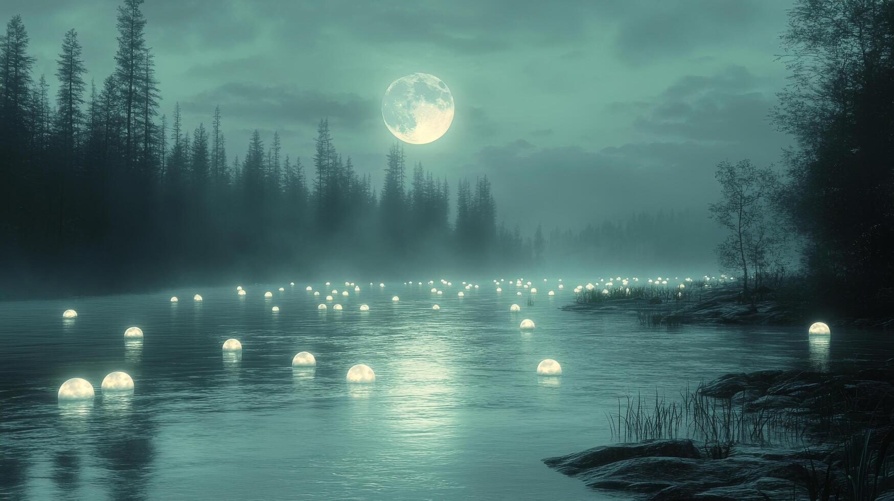 A river with lights floating in it at night photo