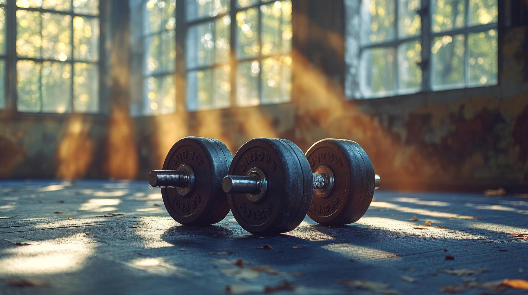 Two dumbbells sit on the floor in front of a window photo
