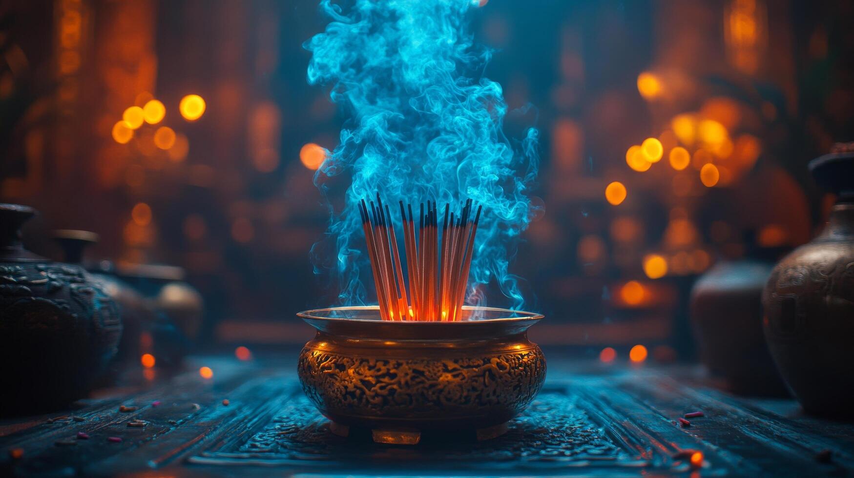 Incense sticks burning in a pot on a table photo