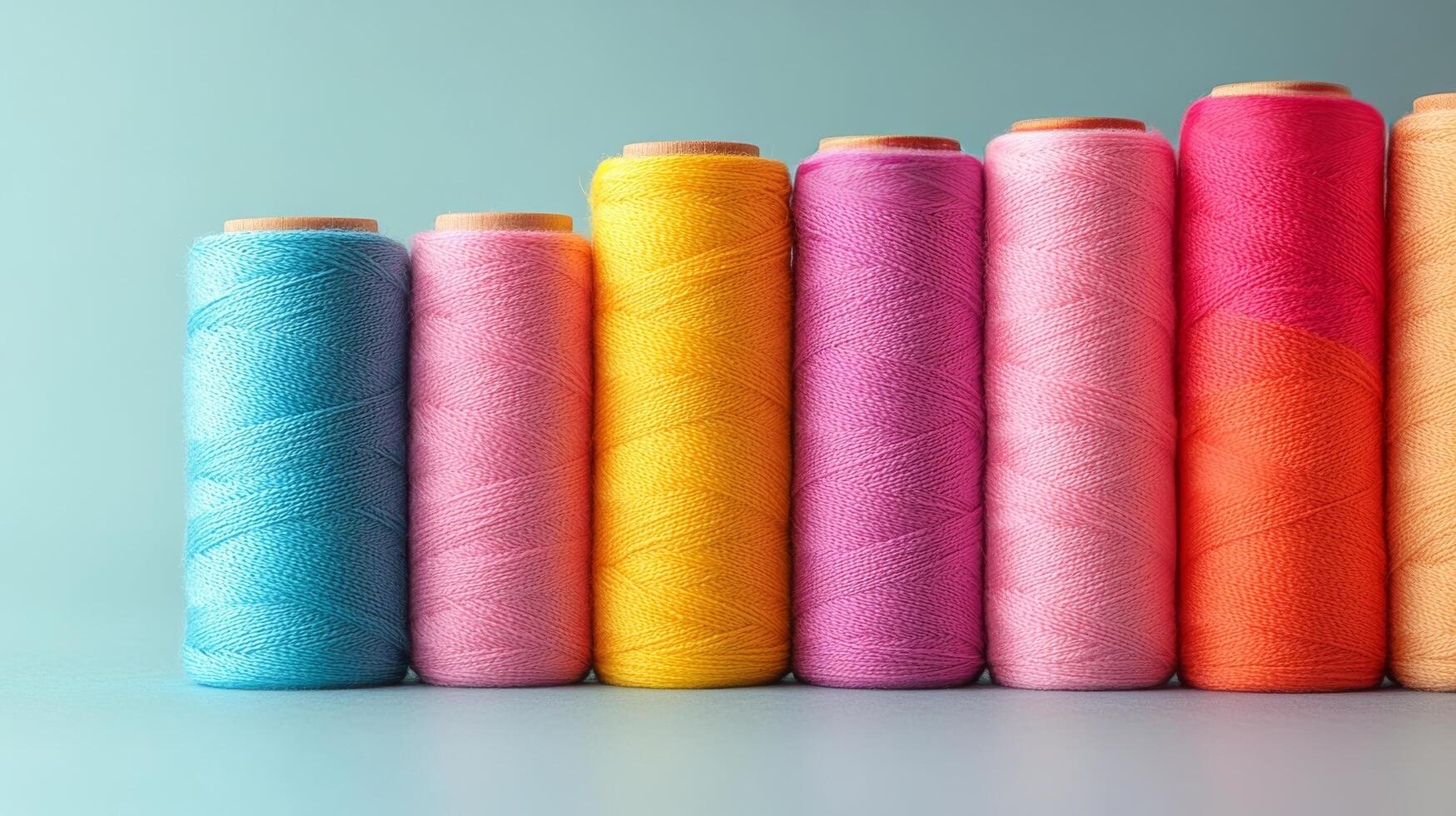 A row of colorful thread spools on a blue background photo