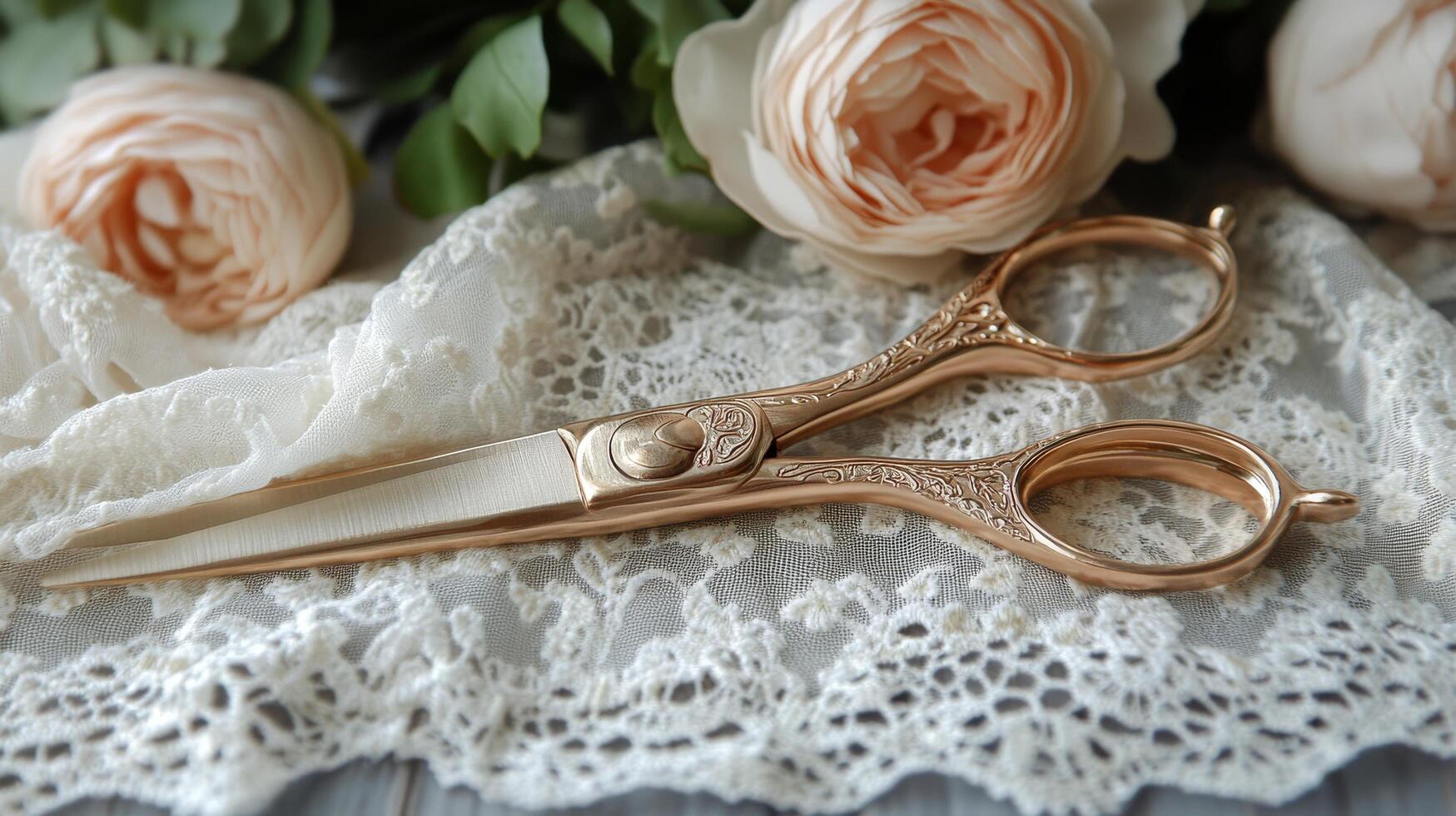 A pair of gold scissors on a lace table photo
