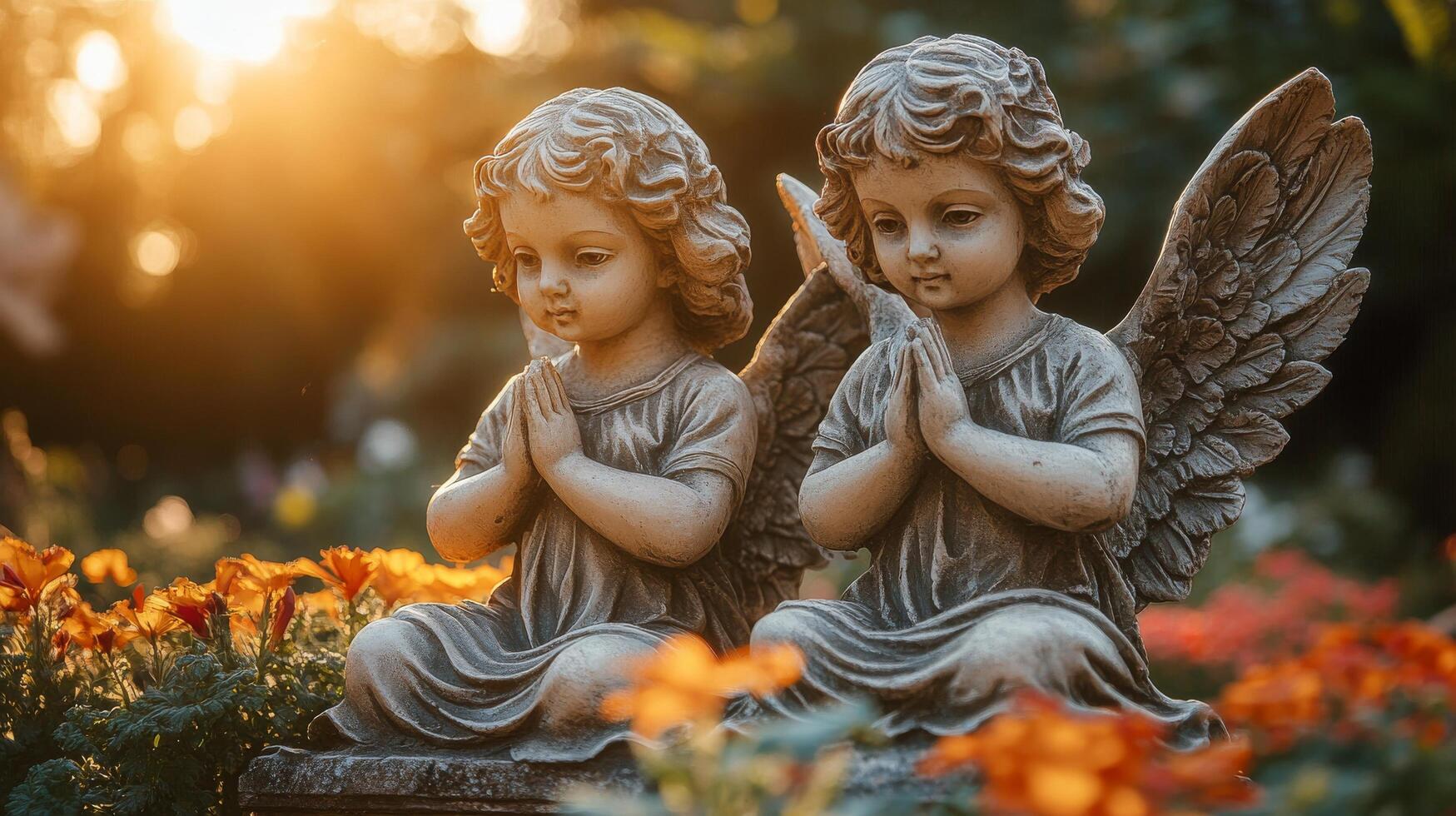 Two angel statues in a garden with flowers photo