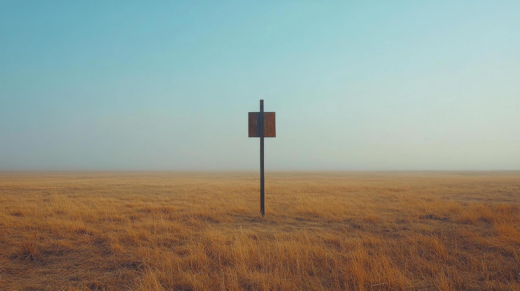 A sign in the middle of a field with a foggy sky photo