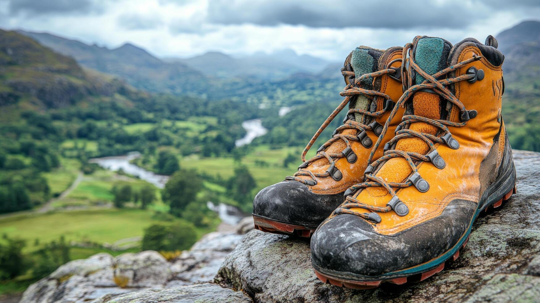 A pair of hiking boots on a rock photo