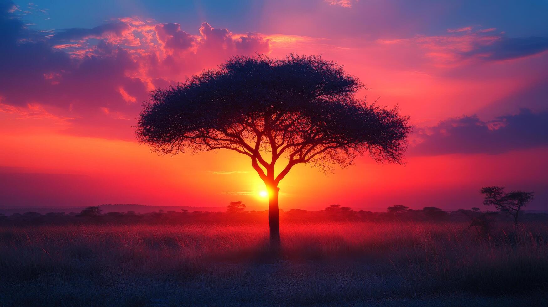 A lone tree stands in the middle of a field at sunset photo