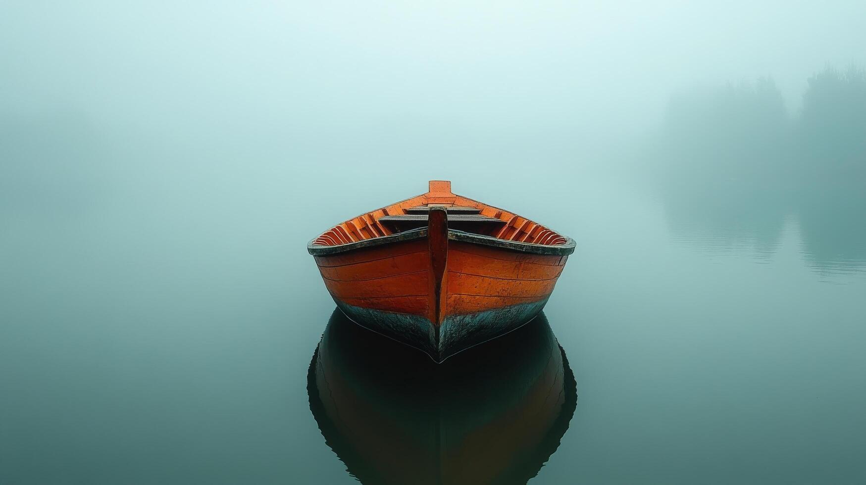 A boat is floating in the water on a foggy day photo