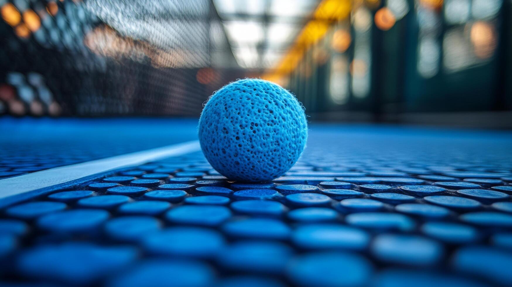 A blue tennis ball sitting on a blue court photo