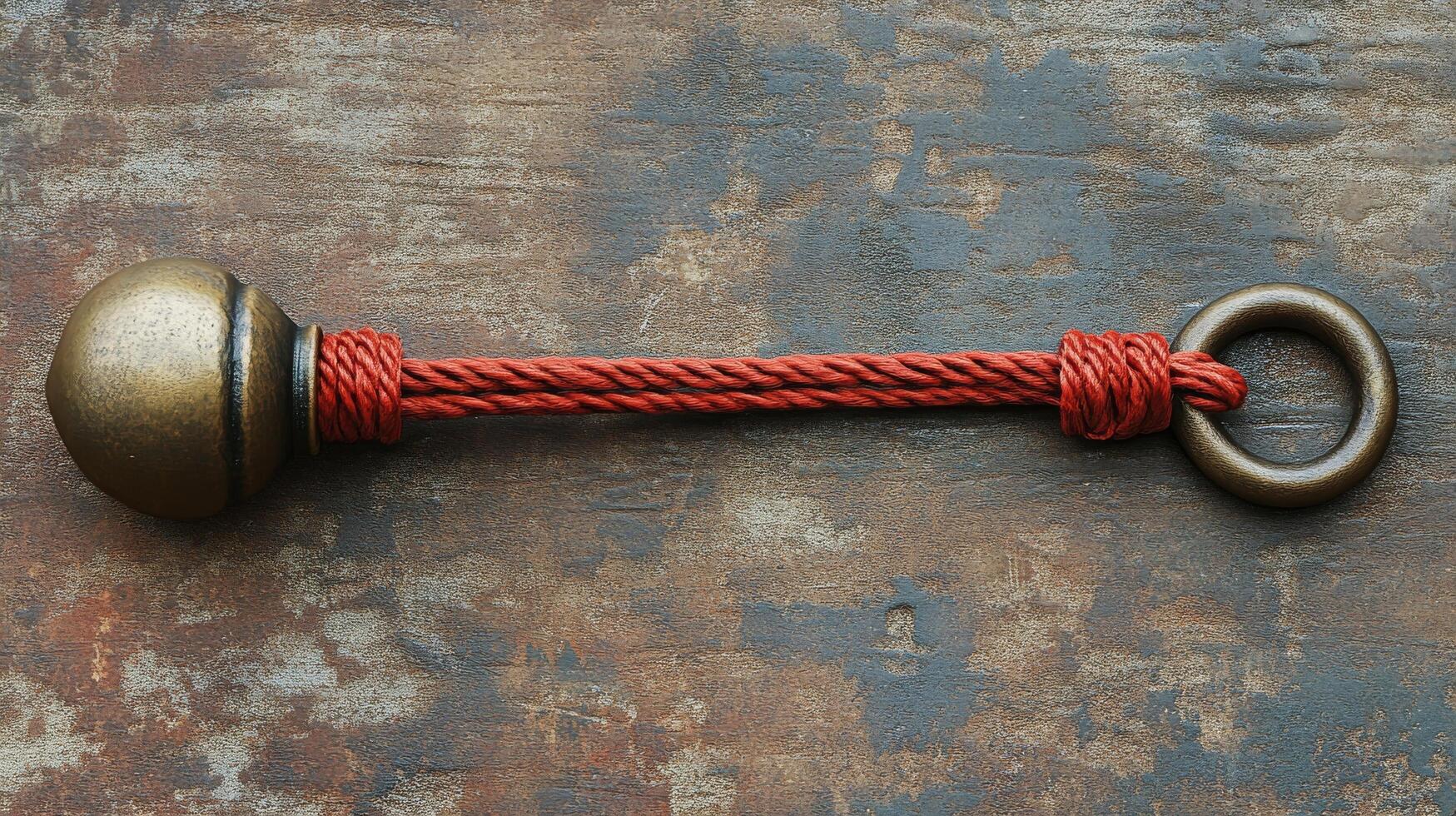 A key with a red rope around it photo