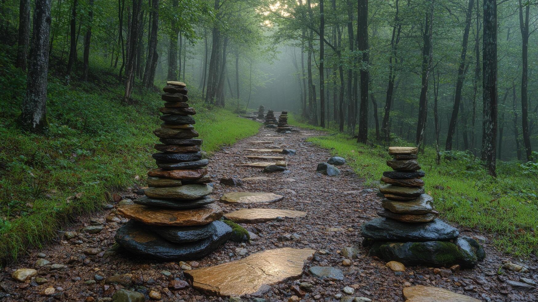A path in the woods with rocks stacked on top of each other photo