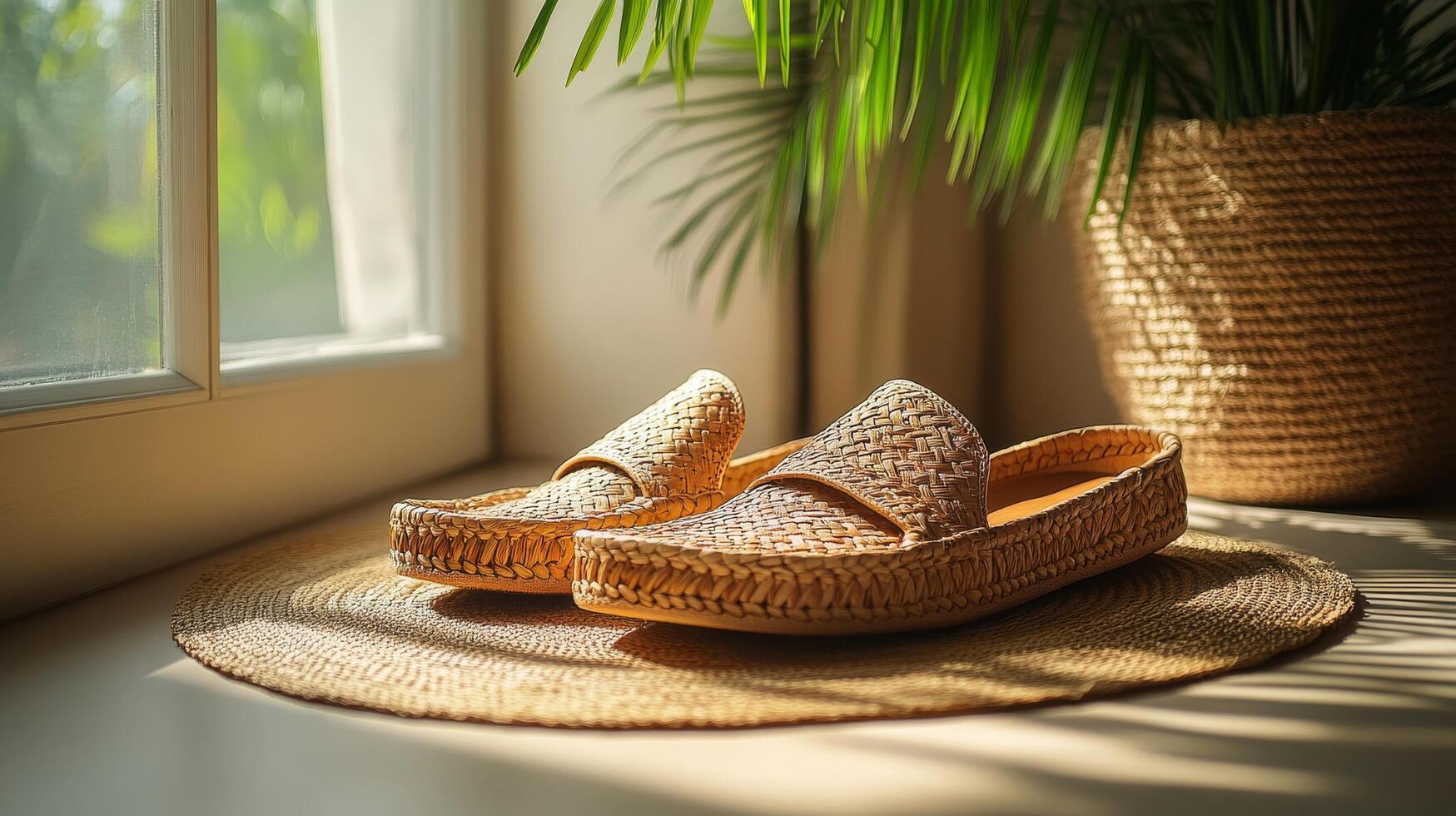 A pair of woven slippers on a rug in front of a window photo