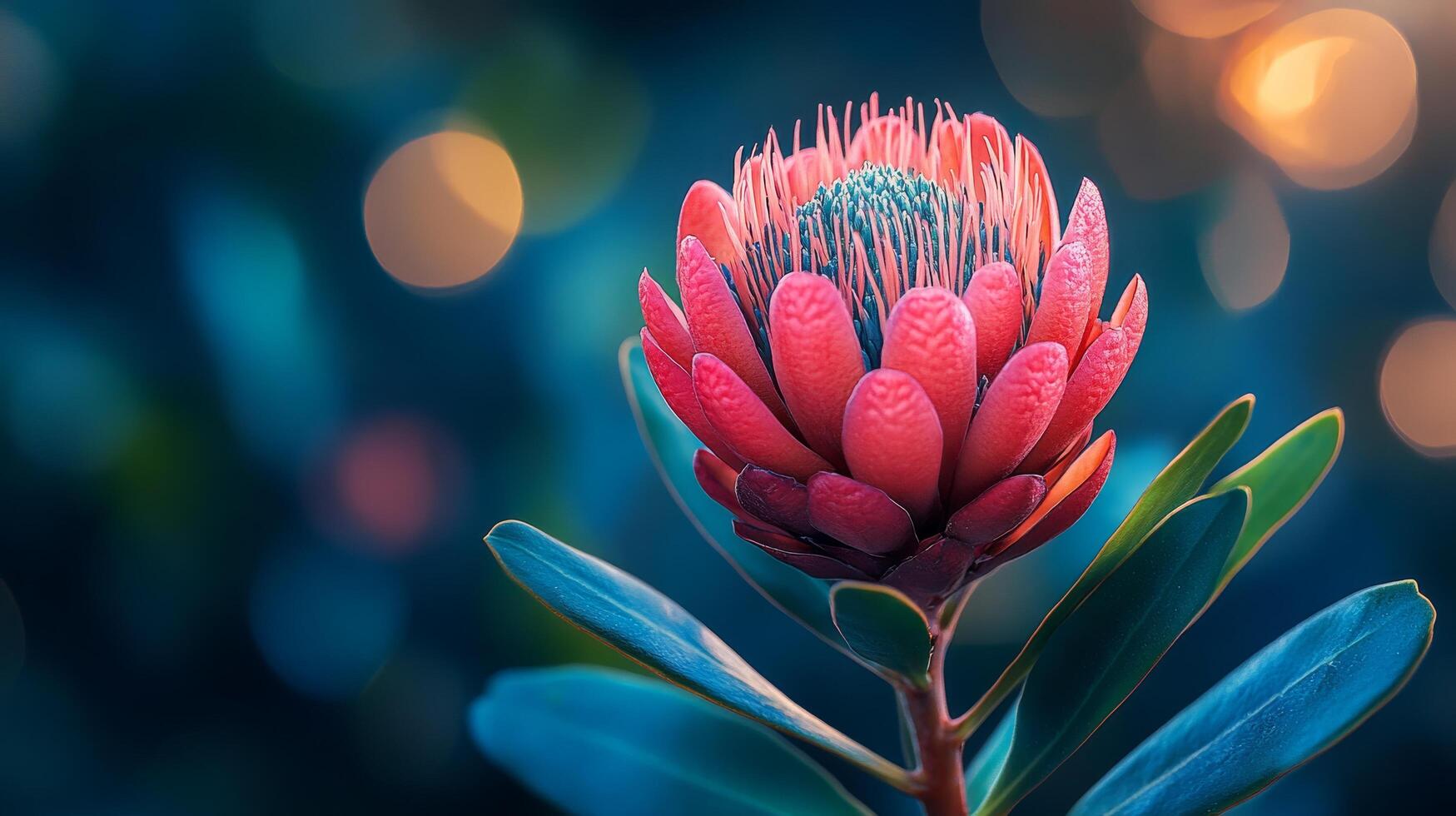 A red protea flower is shown in front of a blurry background photo