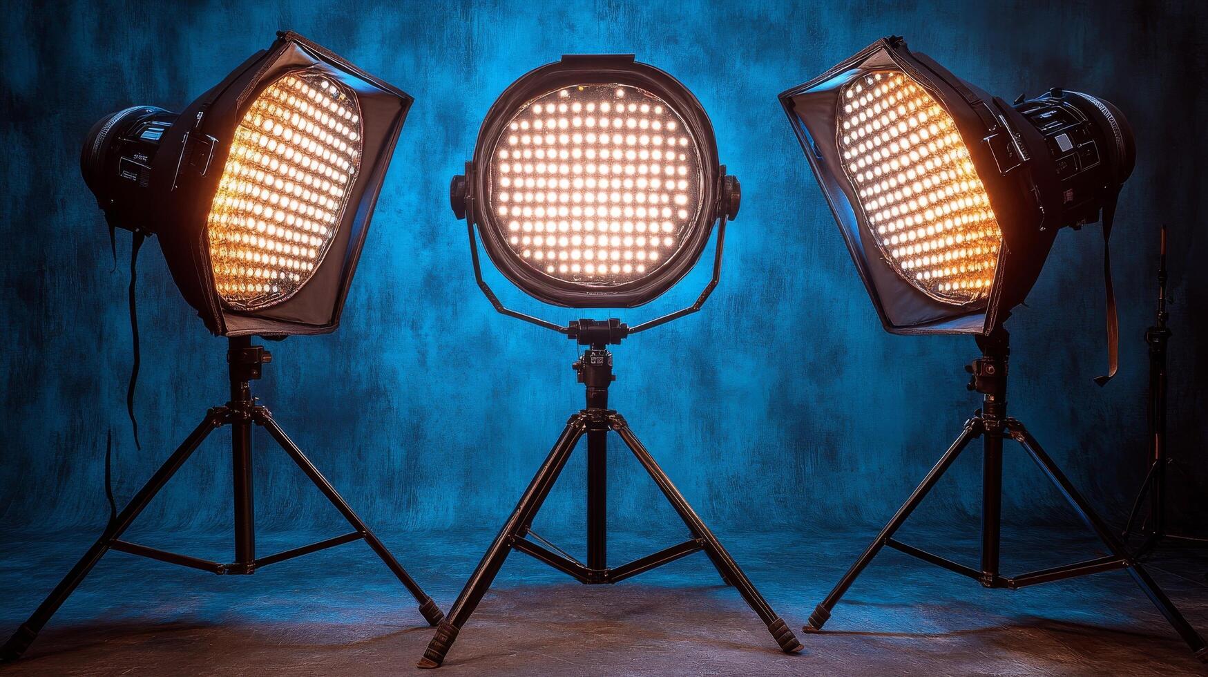 Three lighting equipment on stands in front of a blue background photo