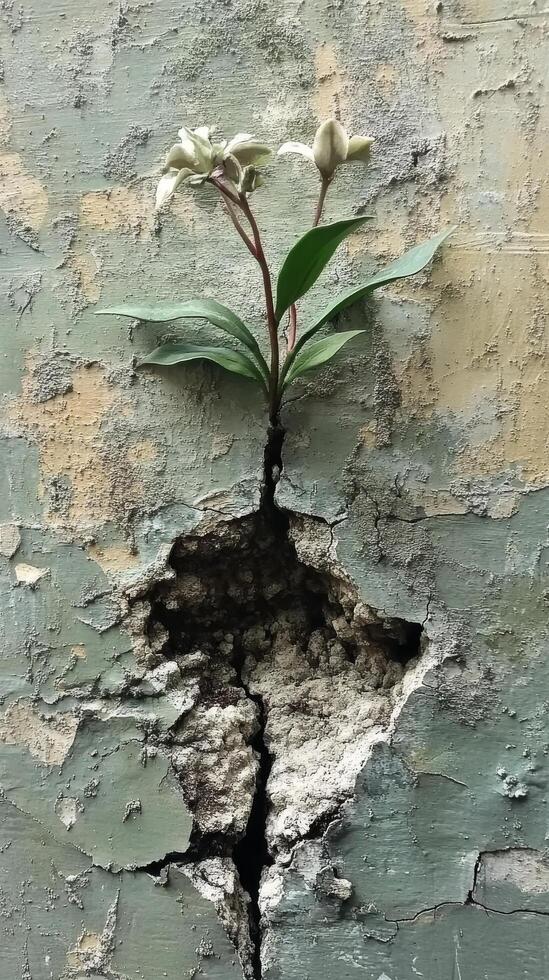A flower growing out of a crack in a wall photo