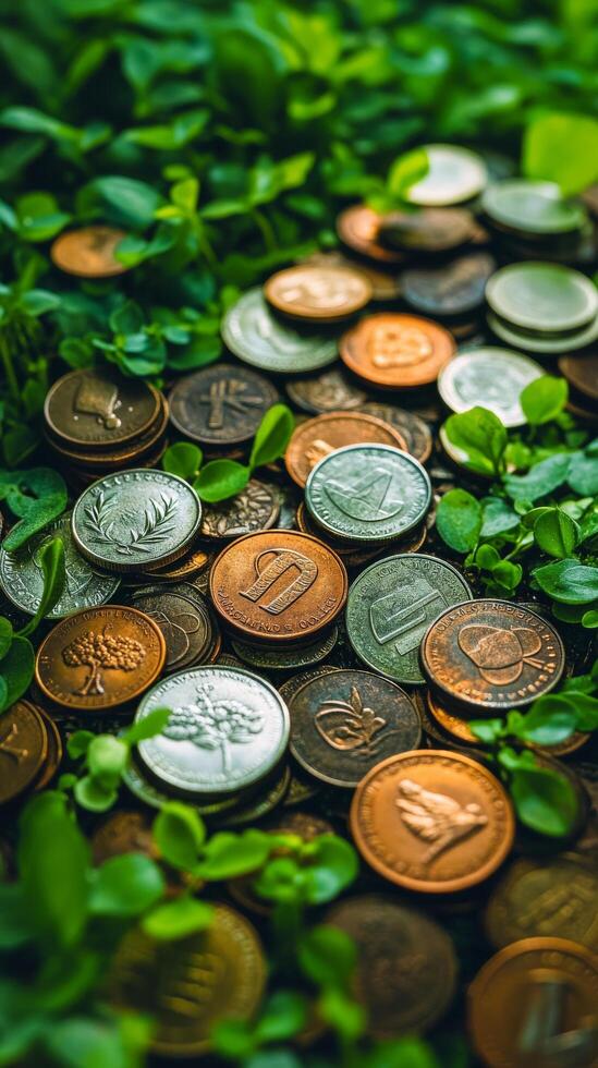 Coins and leaves in the background photo