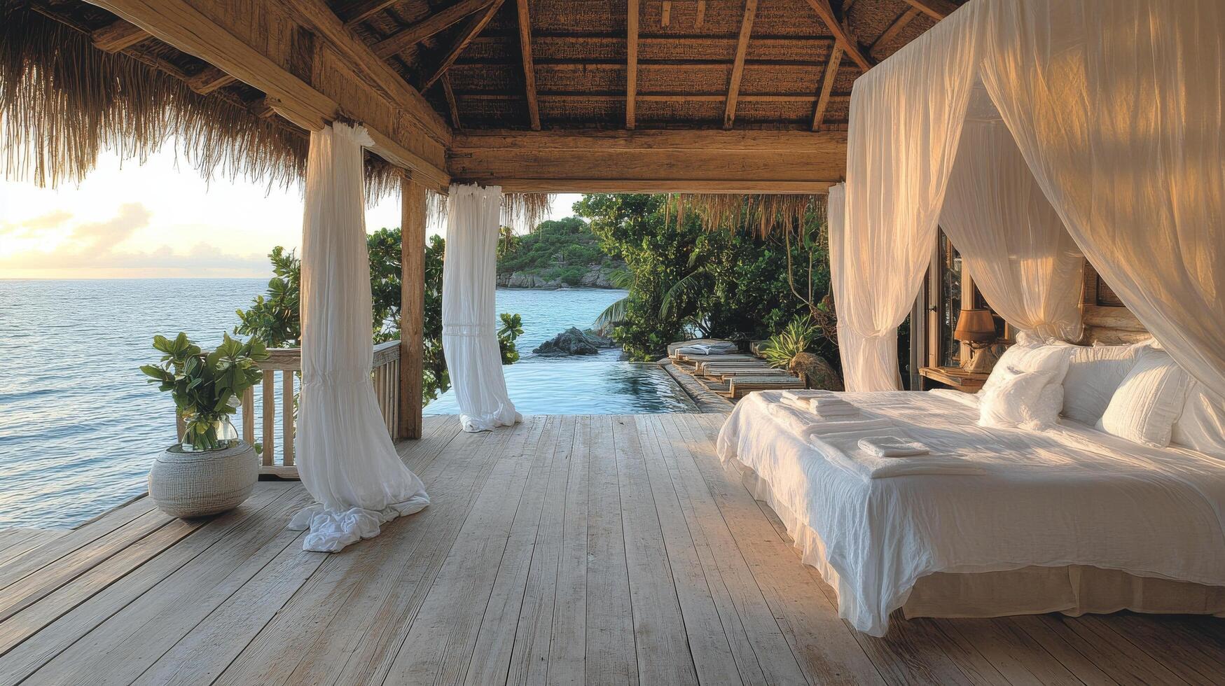A bedroom with white sheets and a wooden deck overlooking the ocean photo
