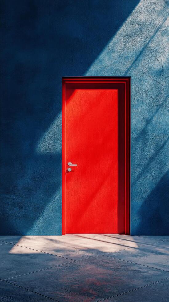 A red door is open in a room with a blue wall photo