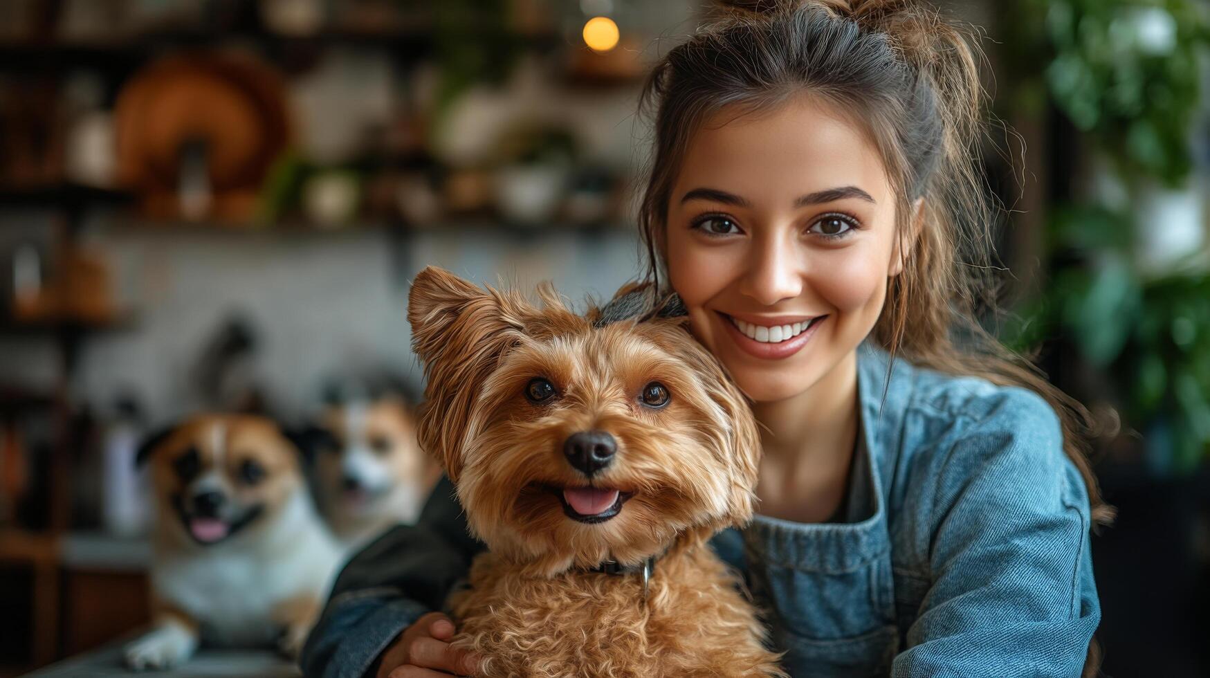 A woman is smiling with her dog in a restaurant photo