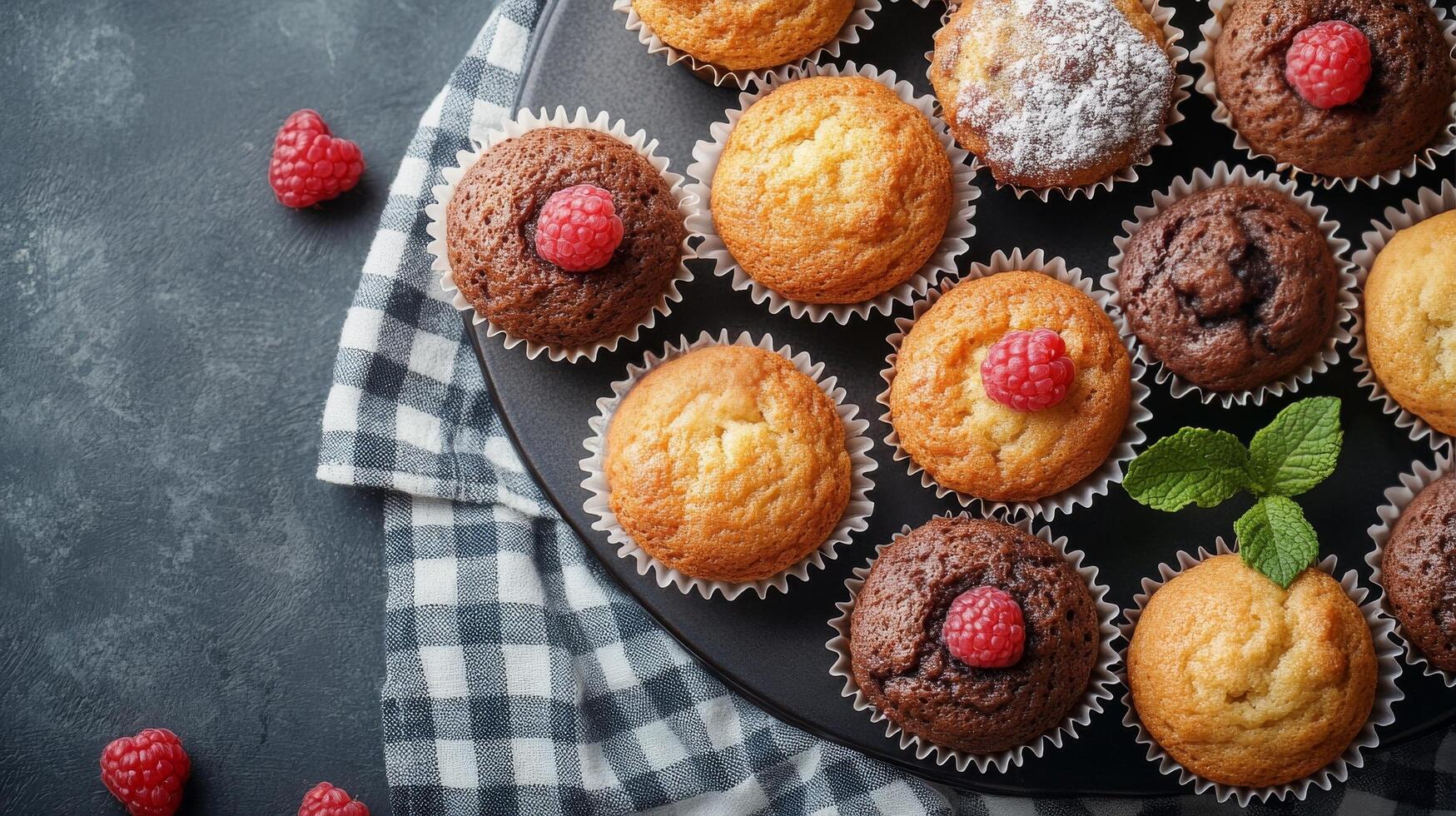 A plate of muffins with raspberries on it photo