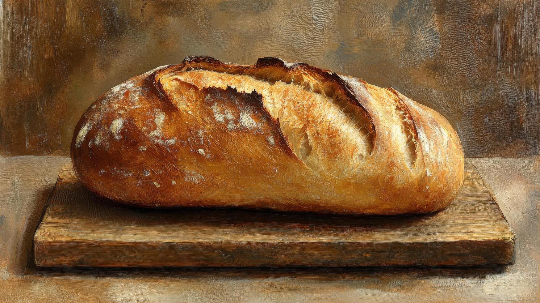 A painting of a loaf of bread on a wooden board photo