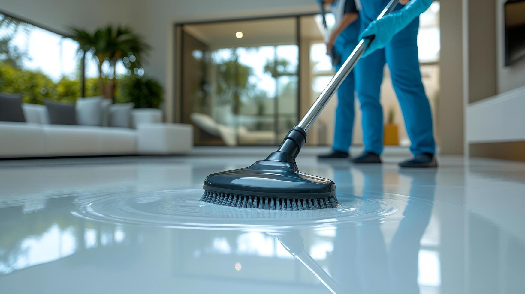A person cleaning a floor with a broom photo