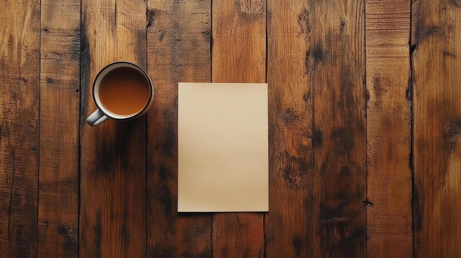 A cup of coffee and a blank paper on a wooden table photo