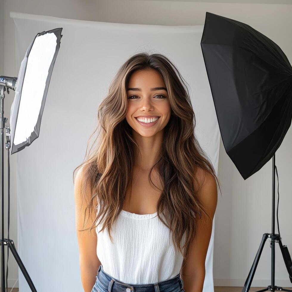 A woman smiling in front of a white backdrop photo