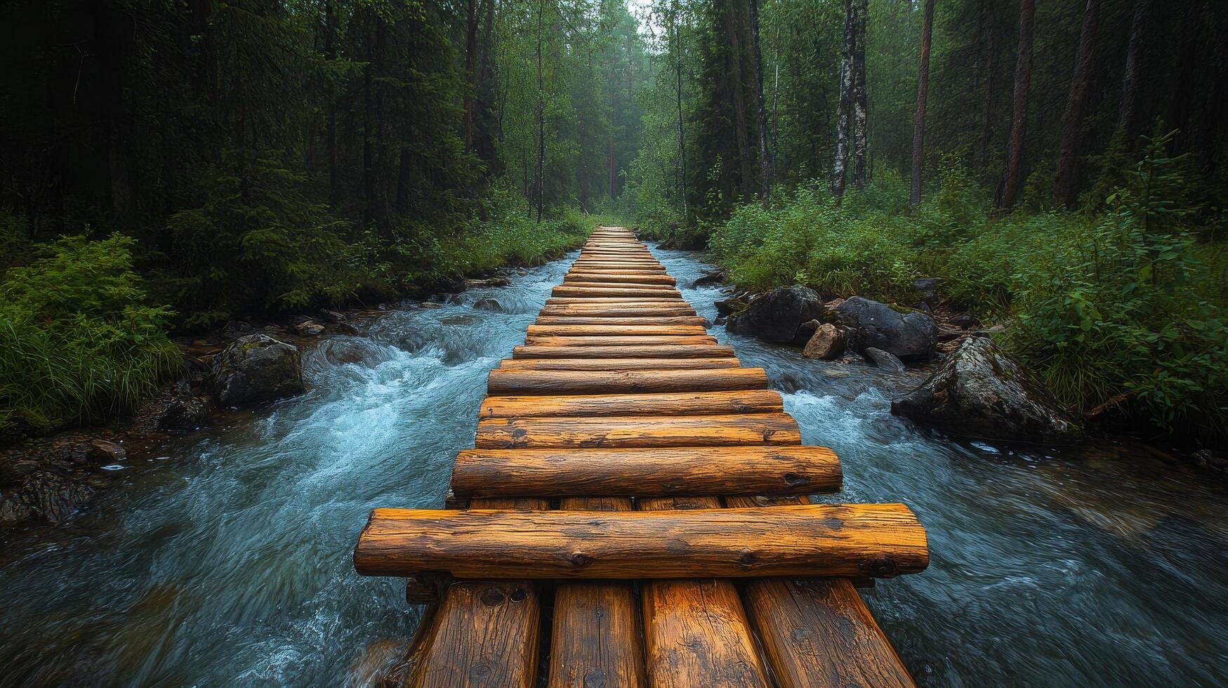 A wooden bridge crosses a stream in the forest photo