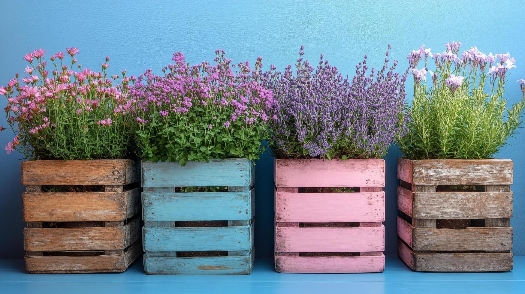 Three wooden crates with flowers in them photo