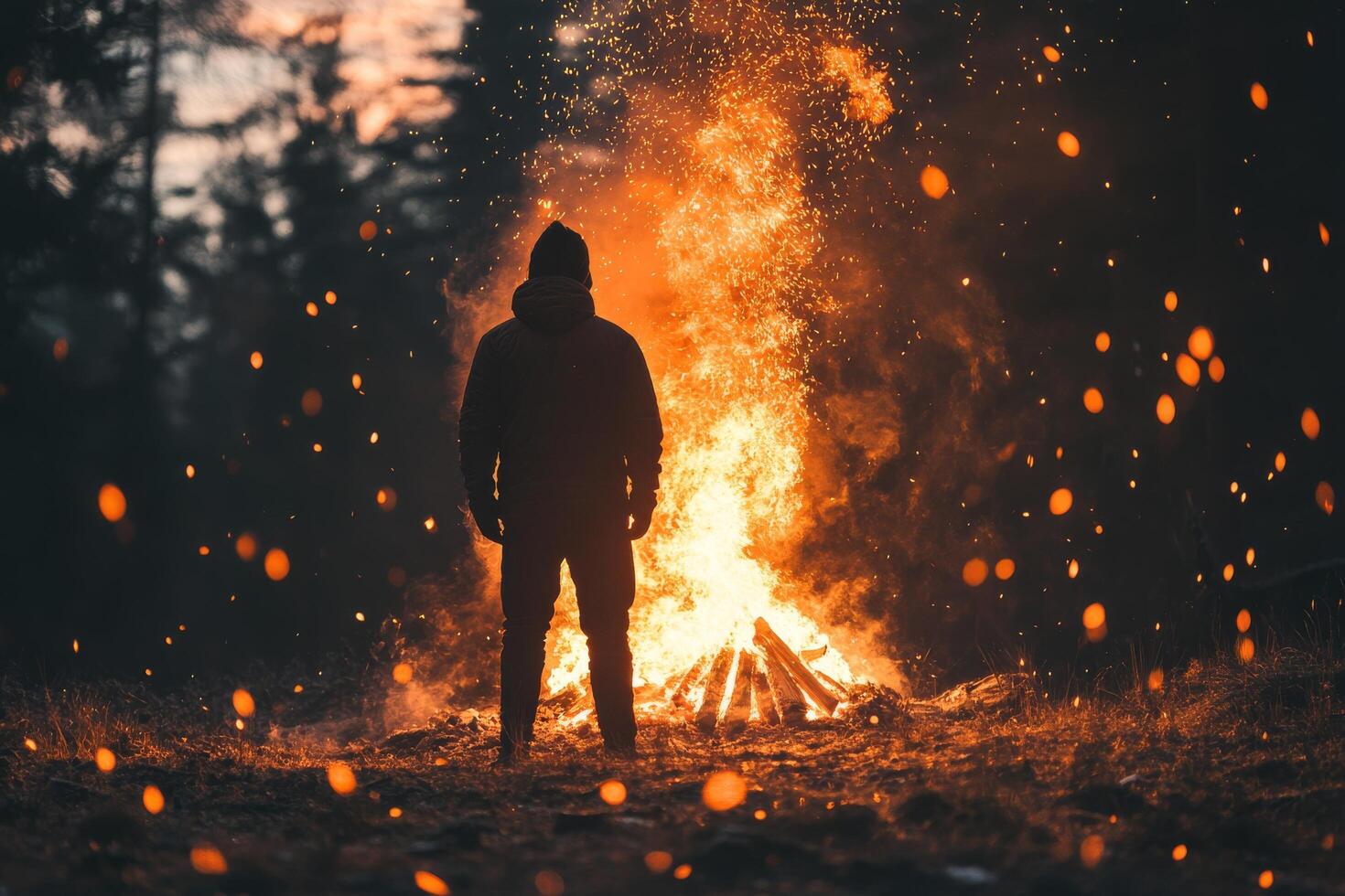 A man standing in front of a bonfire photo