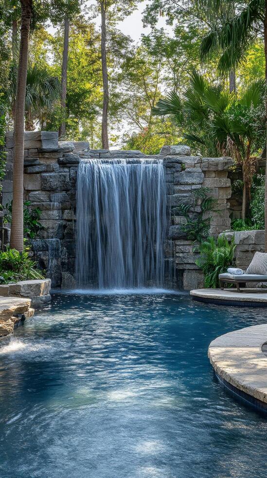 A pool with a waterfall and a waterfall photo