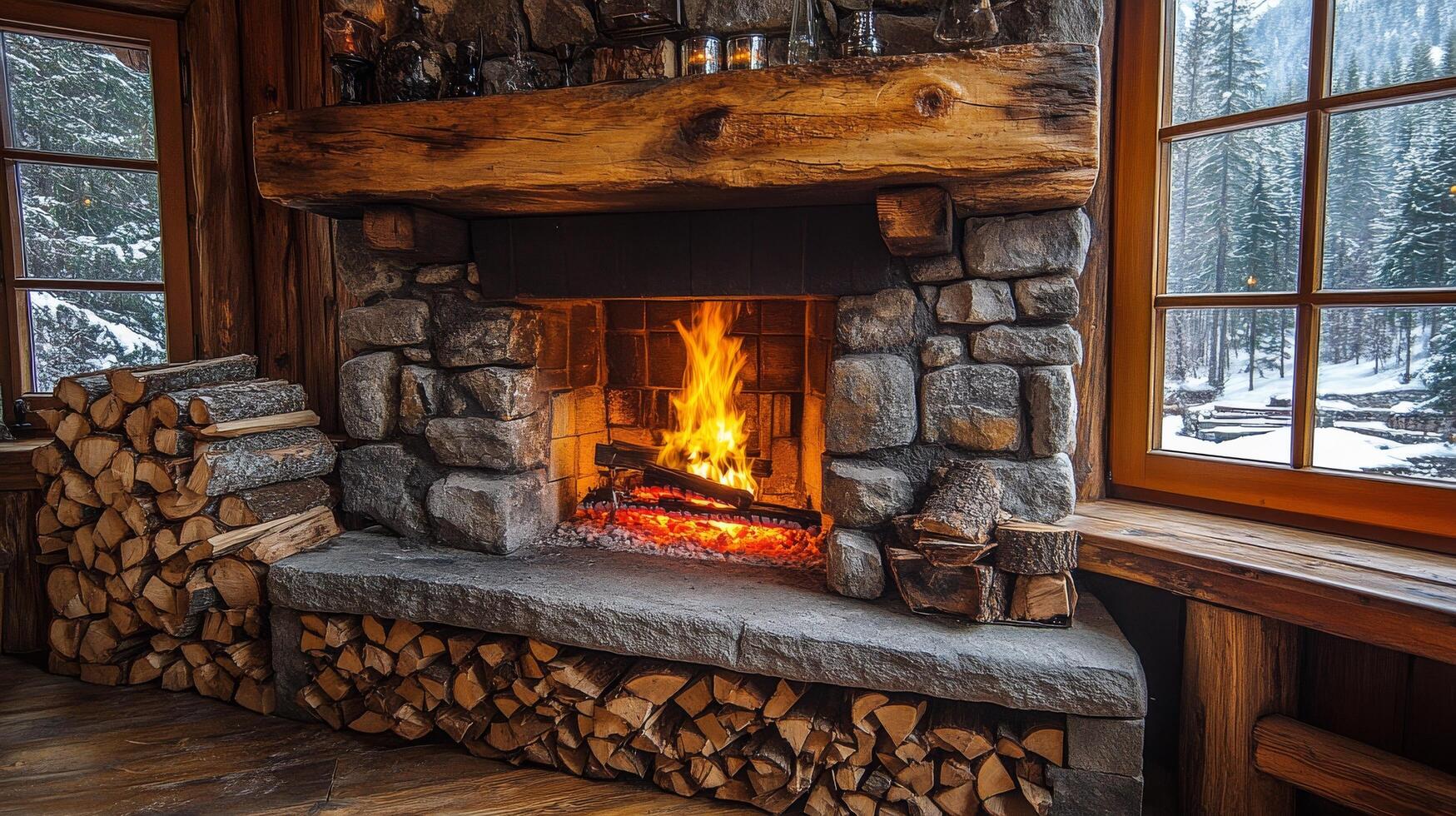 A fireplace with logs and a window photo