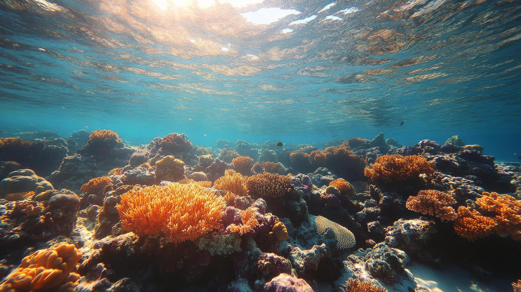 Underwater view of coral reefs and sunbeams photo