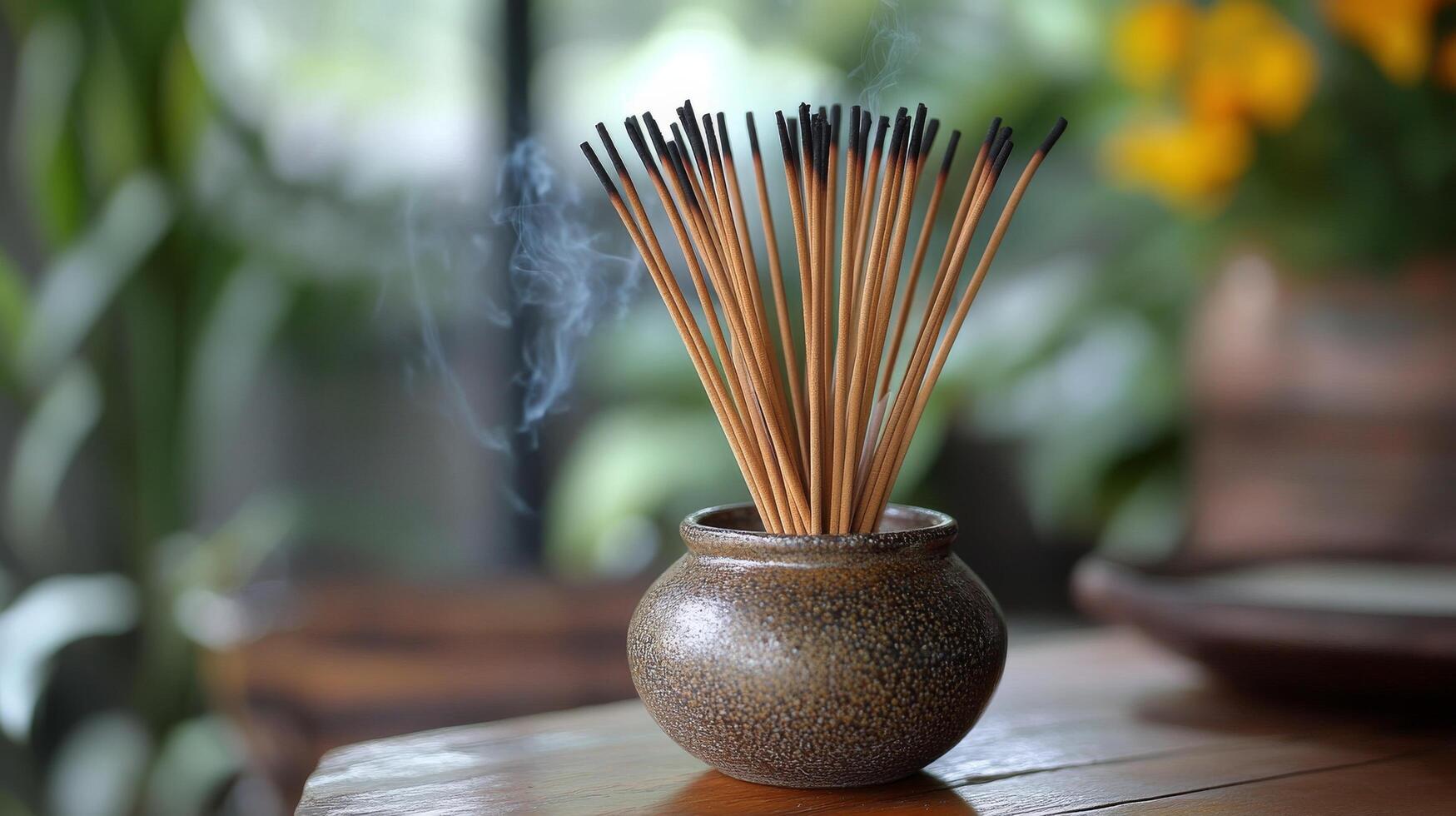 A vase with sticks of incense sticks sitting on a table photo