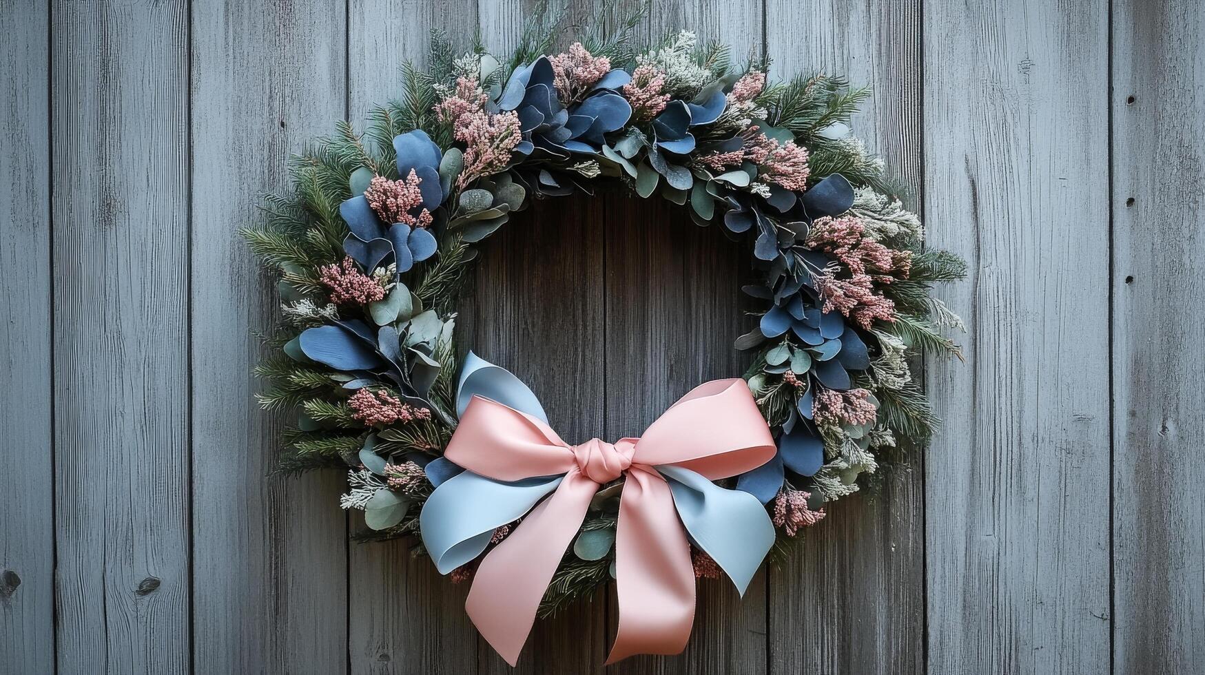A wreath with blue and pink flowers on a wooden wall photo