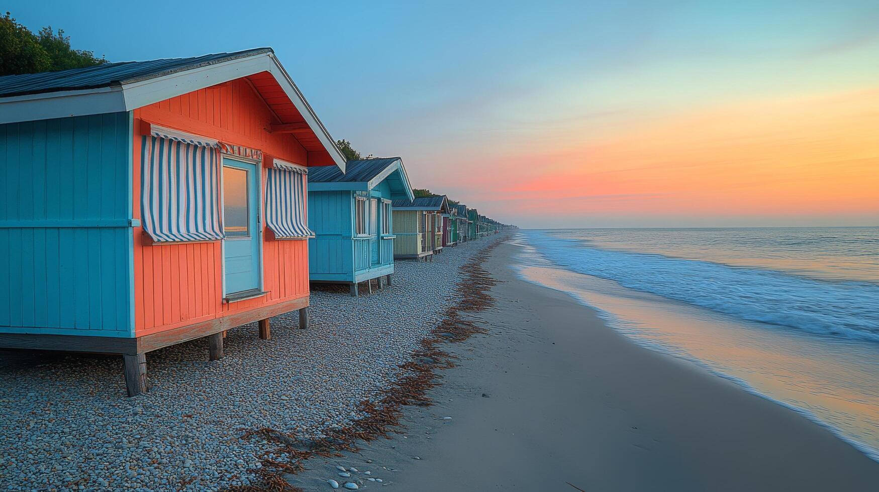 A row of colorful beach huts on the beach photo