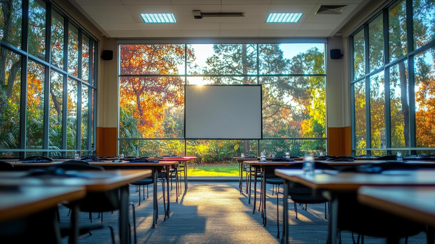 A classroom with a projector screen and chairs photo