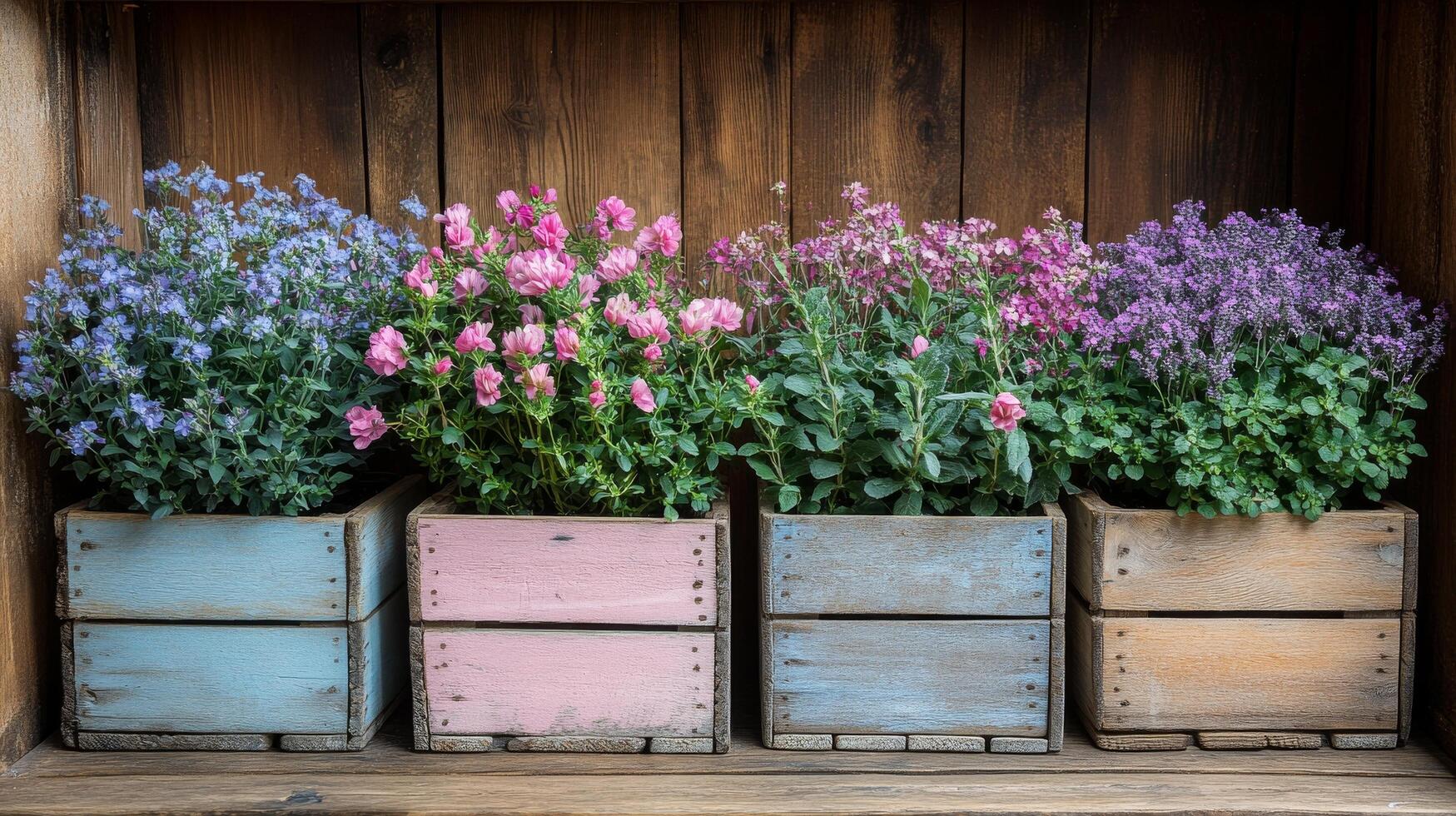 Four wooden crates with different colored flowers in them photo
