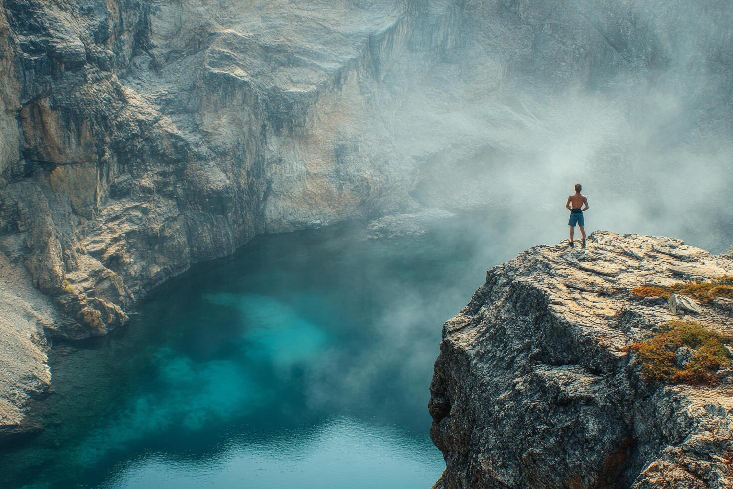 Man standing on the edge of a cliff overlooking a lake photo