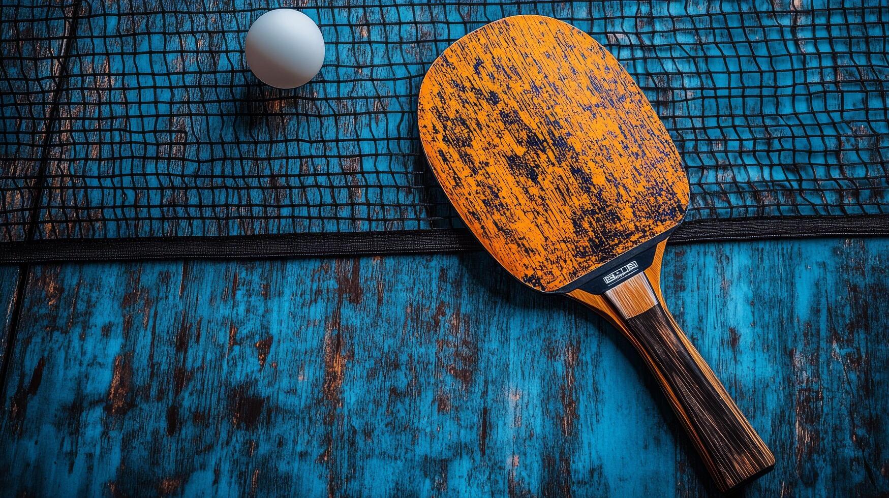 A ping pong paddle and an egg on a blue table photo