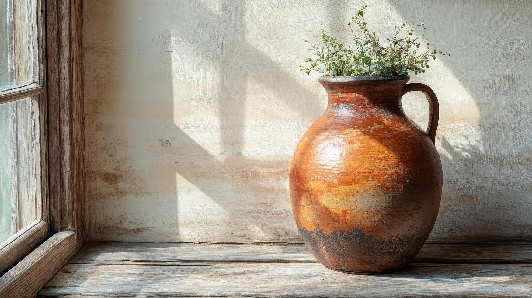 A vase with plants sitting on a window sill photo