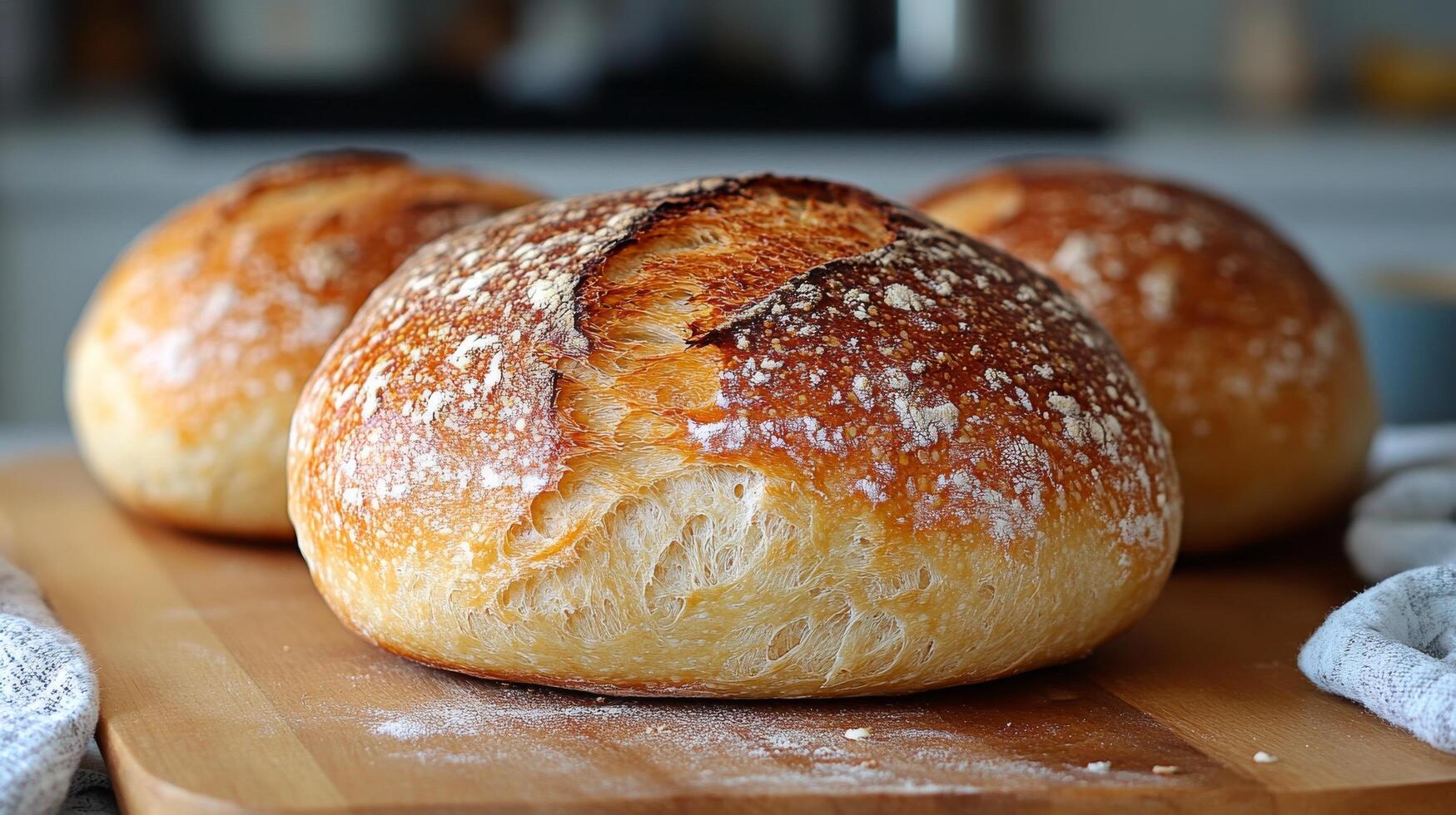 Three loaves of bread sitting on a wooden cutting board photo