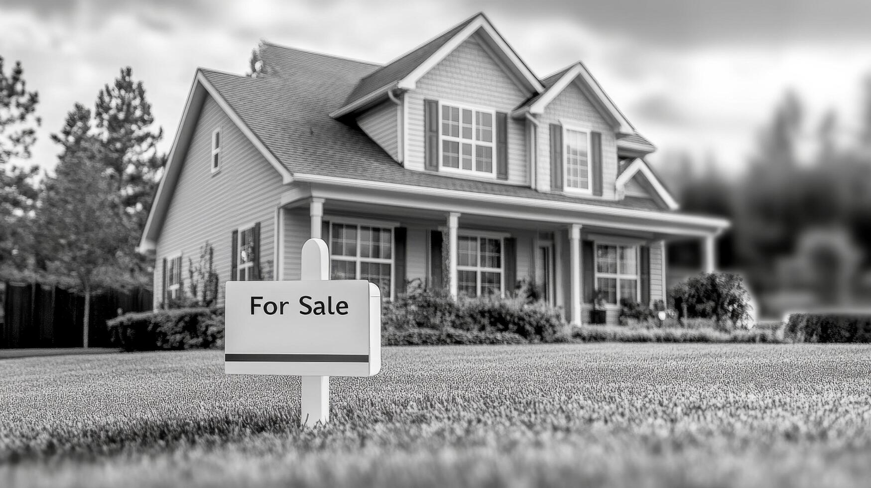 A black and white photo of a for sale sign in front of a house