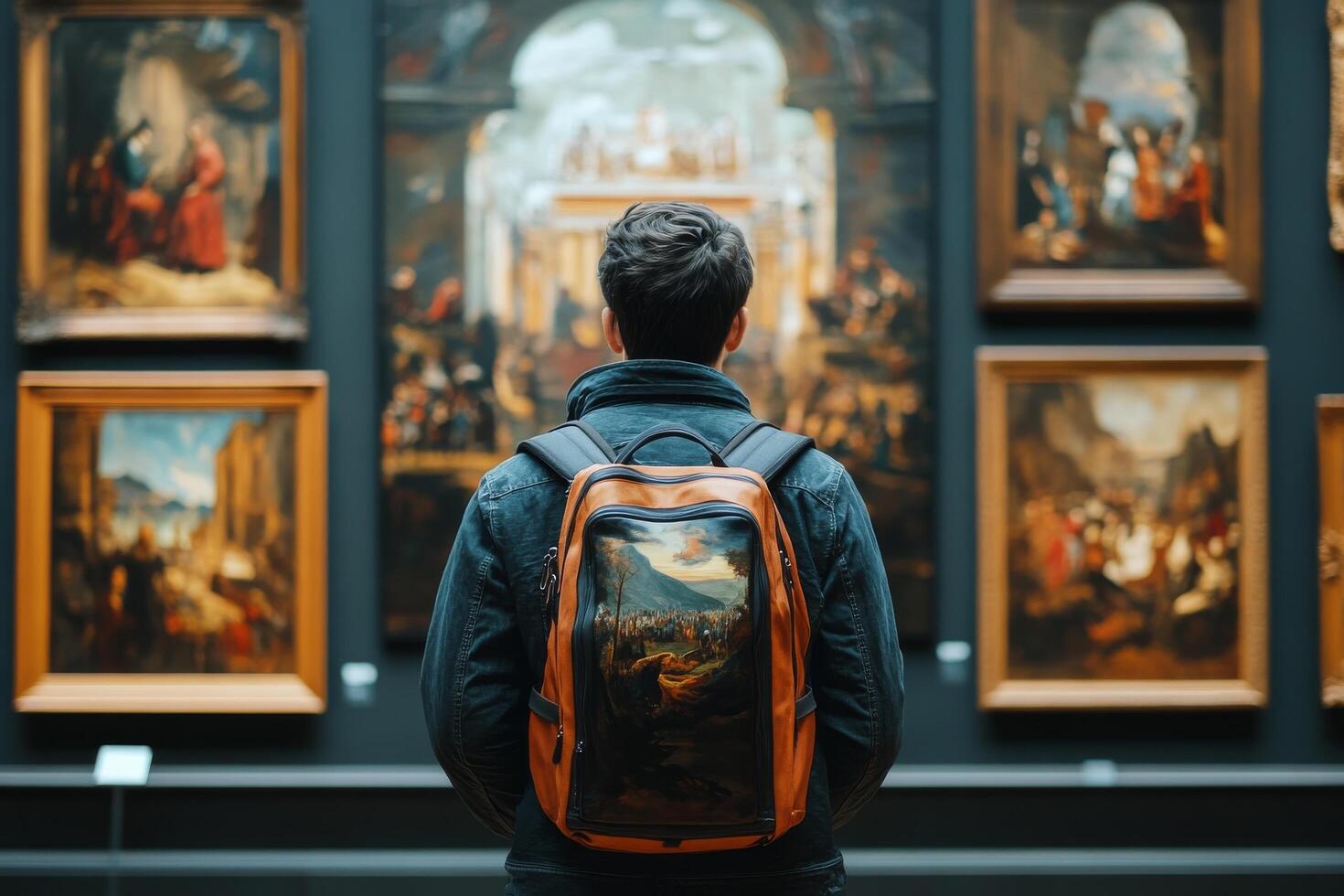 A man with a backpack looking at paintings in an art museum photo
