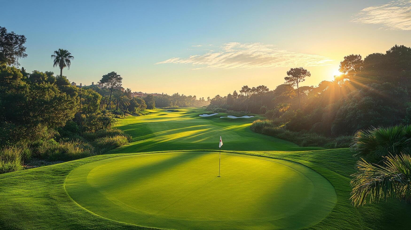 The sun sets over a golf course with palm trees photo